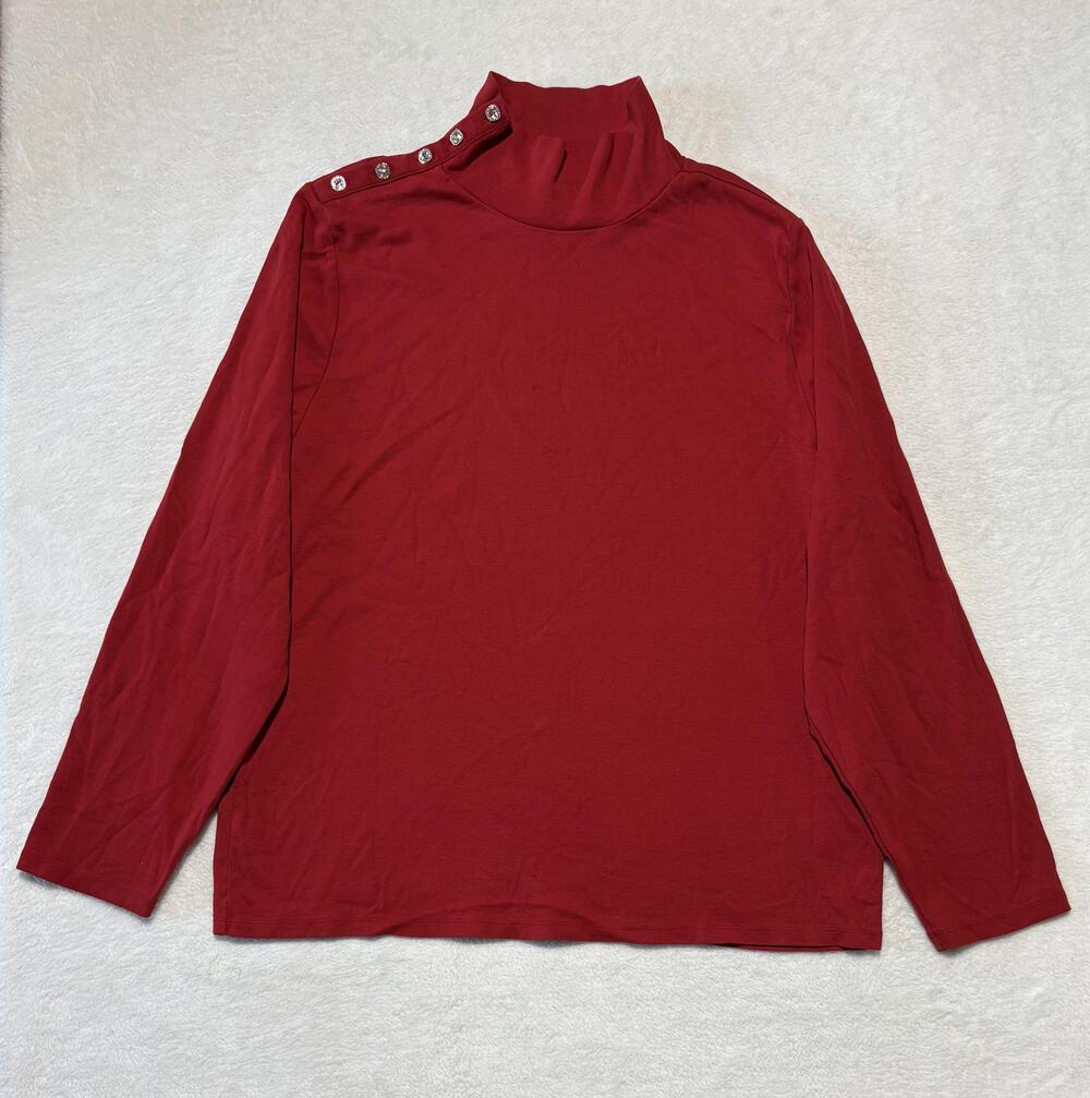 J.Crew Shirt Womens 3X Plus Red Mock Neck Long Sleeve Jeweled Button Shoulder